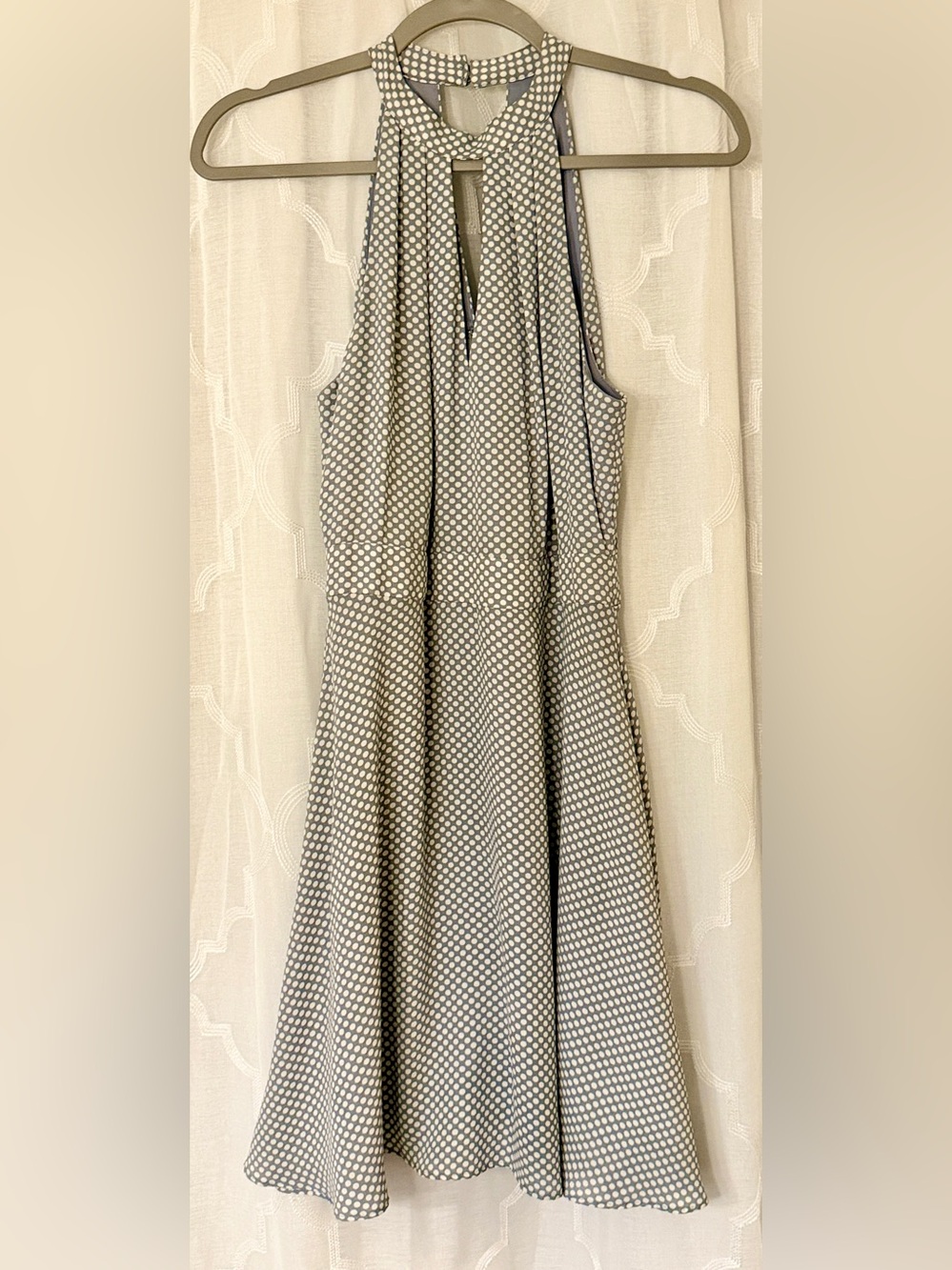 Soft Blue Gray Polka Dot Keyhole Halter Dress